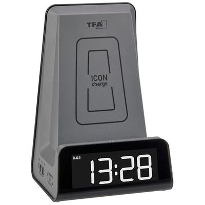 TFA Dostmann ICONCharge 60.2033.10 - Estación de carga inductiva 2 en 1 para smartphones, carga inalámbrica, con función despertador, función de carga USB, soporte para llamadas de vídeo, números LED,