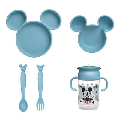 Disney Mickey Serviesset voor kinderen – bord met vakken – kom – lepel – vork en leerbeker 360° – grappig en praktisch design voor babymaaltijden