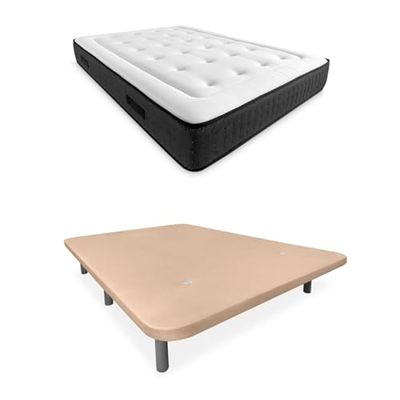 Somnia Descanso - Cama Completa con Colchón Viscoelástico Creta + Base Tapizada 3D Reforzada Color Beige con 6 Patas Metálicas Roscadas, 90 x 190