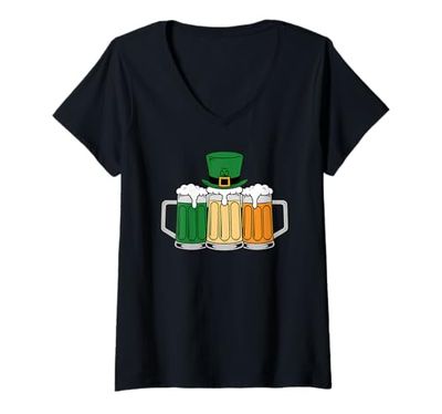 Donna Divertente tazza da birra con trifoglio con bandiera irlandese per il giorno di San Patrizio Maglietta con Collo a V