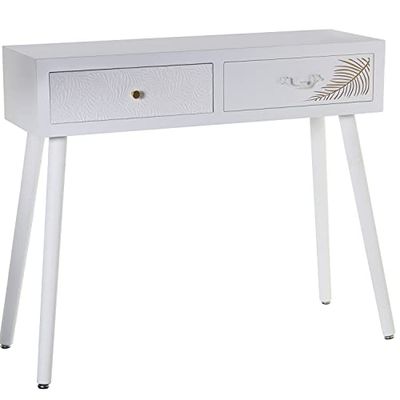 MESA ENTRADA MADERA C/2 CAJONES BLANCO RELIEVE+HOJA DORADA 90X30X78CM, ABETO+DM