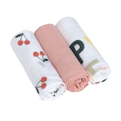Casual Baby Muslinduk dregellock skötfilt set om 3 bomull 80 x 80 cm/Heavenly Soft Swaddle L Happy Fruits Cherry