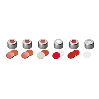 Neochrom 7-0611 - Cierre abocardado de aluminio y caucho natural y politetrafluoroetileno ND8 con agujero, 1 mm de grosor septum, dureza 60 Shore A, color rojo, naranja y transparente, 100 unidades