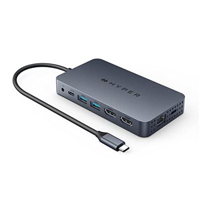 Hyper USB-C Hub, 10-in-1 USB-dock, universeel dual-display, 4K HDMI, Ethernet, USB-A, USB-C, MicroSD/SD - voor MacBook M1 M2 Pro/Air, Windows PC, Chromebook, Midnight Blue