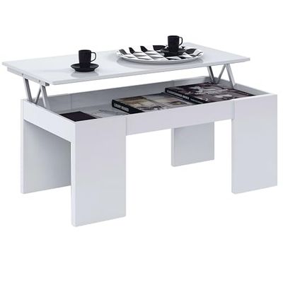 Mesa de centro elevável, mesa de sala de estar de jantar, modelo Kendra, acabamento em branco brilho, medidas: 100 cm (comprimento) x 50 cm (largura) x 43-54 cm (altura)
