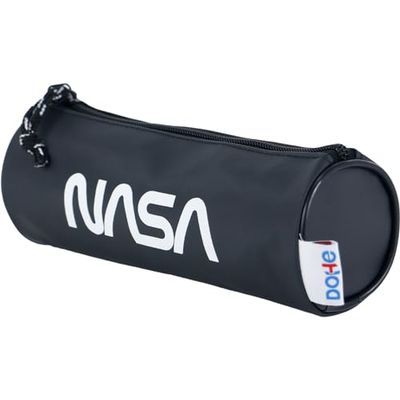 DOHE - Okrągły piórnik szkolny - Zamek błyskawiczny, Oficjalna licencja, wytrzymały poliester, 21x7,5x7,5 cm - przybory szkolne, Czarny (Black), NASA OKRĄGŁY PUDEŁKO