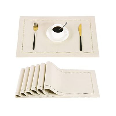 Lot de 6 Sets de Table, lavables et antidérapants, en Tissu Imitation Lin de Style Rustique (Beige et Blanc) 48,3 x 33 cm