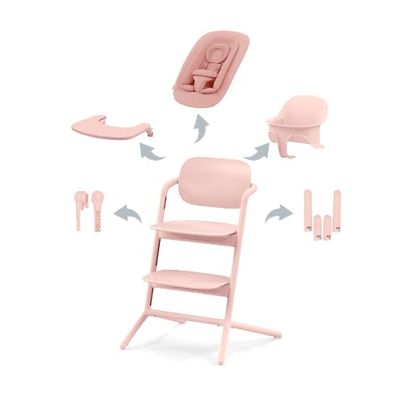 Cybex Gold LEMO Kinderstoel 4-in-1 Set, 0 - 99 jaar, Vanaf de geboorte, Inclusief wipstoeltje, Inzetstuk voor pasgeborenen, Hoofdsteun en adapterset, Beukenhout/Aluminium/Kunststof, Pearl Pink (Roze)