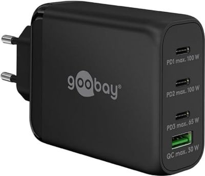 goobay 65555 Multiport Power Delivery USB C 100W Caricabatterie/Alimentatore compatto ultra veloce per 4 dispositivi/Quick Charge USB Port/Nero