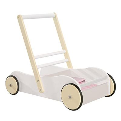 roba Andador para bebé Scarlett, ajuda para caminhar para bebés, carrinho de bonecas com têxteis rosa, madeira branca lacada