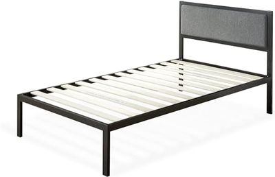 Zinus Korey Lit 90 x 200 cm – Hauteur 36 cm avec Espace de Rangement sous Le lit – Cadre de lit en métal avec tête de lit rembourrée – Noir et Gris