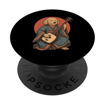 Samurái Goldendoodle jugando a Shamisen, perro retro vintage PopSockets PopGrip Adhesivo