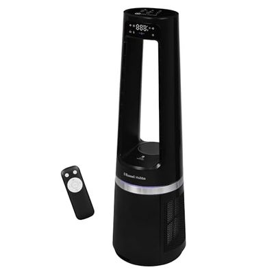 Russell Hobbs Quiet Bladeless Tower Fan & Heater with Remote Control, Touch Control, 85cm Tall, 12 Speed Settings, 12 Hour Adjustable Timer, Oscillating 2kW, Black, 2 Year Guarantee RHBLDL25B