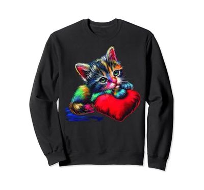 Linda almohada de corazón con diseño de gato arcoíris para mujeres, niñas, hombres y niños Sudadera