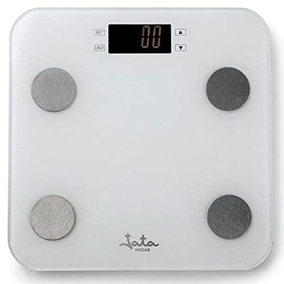 Jata HBAS1501 - Báscula de Baño Digital Grasa Corporal, Pantalla LCD, Alta precisión, Capacidad de 180 kg, Plataforma de Vidrio, Apagado Automático, Incluye Pila, Blanco