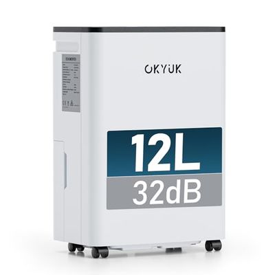 OKYUK Elektrische luchtontvochtiger, 12 liter, met digitale luchtvochtigheidsweergave, luchtontvochtiger voor thuis, 60 m², met automatische uitschakeling, ideaal voor camper, badkamer, slaapkamer,