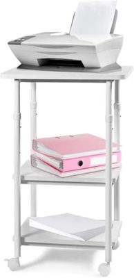 FANTASK Printerstandaard, oprolbaar, met 3 niveaus, 67-77 cm printerwagen met wieltjes, printtafel, in hoogte verstelbaar, multifunctionele wagen, printerrek voor kantoor, wit