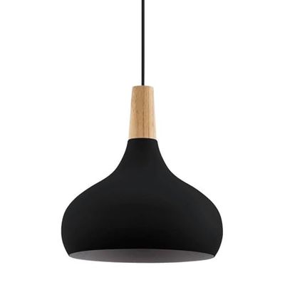 Eglo lampada a sospensione Sabinar, lampada sospesa per soggiorno e sala da pranzo, FSC100HB, illuminazione da sala da pranzo in metallo nero e legno naturale, E27, Ø 28 cm