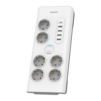 Philips SPN7060WA/10 - Multipresa a 6 prese Schuko, 4 porte USB 35 W e 1 tipo C, Bloq Alimentazione, cavo intrecciato 2 metri ad alta resistenza, chiusura sicurezza (indicatore LED Prot. Sovraccari)