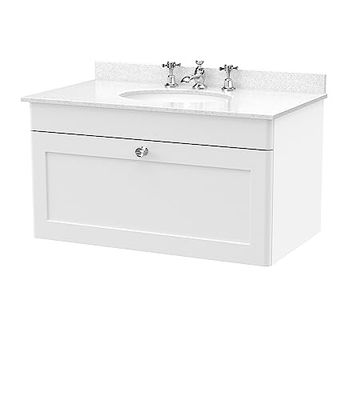 nuie CLC196WR3 Classique Wall Hung 1 Drawer Unit & 3 Tap Hole Marble Worktop with Round Basin, 800mm, Satin White