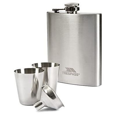 Trespass Dramcask, Silver, Stainless Steel Hip Flask Gift Set (1x Flask 200ml & 2x Cups 30ml), Grey