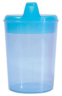 Drinking/Feeding Cup with 2 Spouts and graduated measurements on Side. Narrow Spout for drinking Liquids, Wider Spout for more Solid or Blended Food. Easy to hold and use. Reduces risk of Spillage.