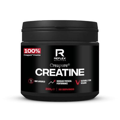 Reflex Nutrition Creapure® Creatine Monohydrate Powder Unflavoured - 100% Creatine for Strength, Muscle Gains & Recovery - No Fillers or Additives - 250g (Vegan Creatine 5g per Serving, 50 Servings)