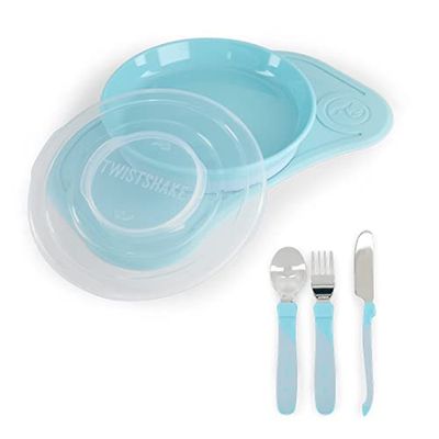 Twistshake Barnservis Set Mini + Bestick | Click-Mat Mini (31x17cm) + Barntallrik + Barnbestick 12m+ | BPA-fri Tallrik, Bordsunderlägg och Barnbestick | Träningstallrik | Blå