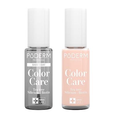 PODERM - LOT 2 PRODUITS | SOIN VERNIS PROFESSIONNEL | Base Coat Tenue Parfaite + Vernis ROSE POUDRÉ Tea Tree | Prévention & Traitement des Ongles Jaunes/Abîmés | SOIGNE & COLORE | Swiss Made