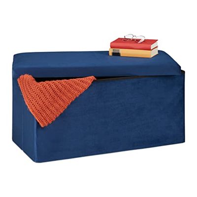 Relaxdays Panca Contenitore, Seduta Imbottita, 80 Litri, Pouf Cassapanca per Corridoio e Salotto, HLP: 38x77x39 cm, Blu, Fibra di Legno