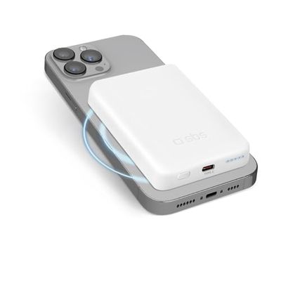 SBS PowerBank 5K MagSafe Wireless, 5.000mAh, Power Bank con Ricarica Rapida, Magnetico, Intelligent Charge (IC), LED di Carica, USB-C, Caricabatterie Portatile da Viaggio, Design Compatto, Bianco