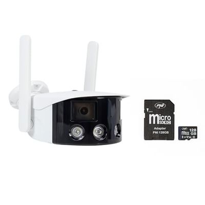PNI IP590 videobewakingscamera pakket, draadloos, met IP, dubbele lens, 2 x 2 MP + PNI 128 GB MicroSD-geheugenkaart met SD-adapter