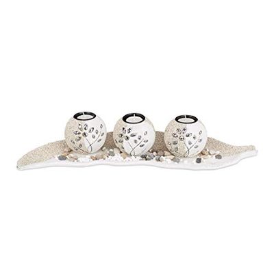 Relaxdays 10022858 Suporte de velas decoração com tigela decorativa e velas pequenas, 9 x 50,5 x 16,5 cm, bege e branco