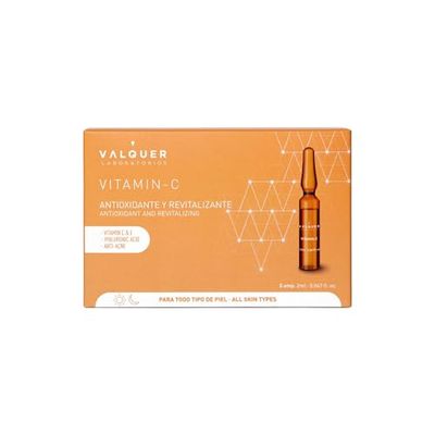 Valquer Serum facial de vitamina C em bolhas. Anti-idade, hidratante e protetor com ácido hialurónico Anti-rugas com ingredientes naturais e antioxidantes. Todos os tipos de pele. 5 unidades de 2 ml.