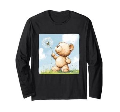 Oso de peluche sosteniendo diente de león para un ambiente relajante Manga Larga
