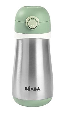 Béaba, Gourde Inox Enfant 2 en 1, Fonction Gourde/Verre, Bouton Push pour faciliter l'ouverture, Solide, Sain, Poignées amovibles, Inox Maintien du Froid/Chaud, 350ml, Vert Sauge