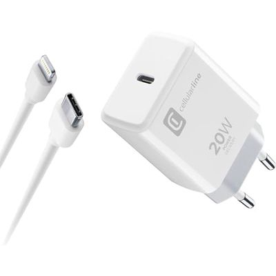 Cellularline | Caricabatterie da Rete | Caricabatterie da rete USB-C 20W per la carica alla massima velocità di iPhone 8 e successivi con cavo USB-C to Lightning