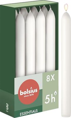 Bolsius - Velas cónicas de cena - blanco - paquete de 8-17 x 2 cm - larga duración de combustión de 5 horas - sin perfume - cera vegana natural - sin goteo - sin aceite de palma