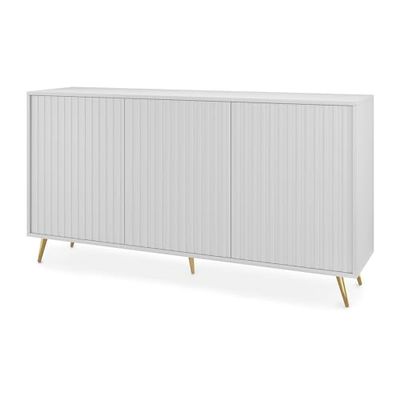 Selsey Commode Armoire 3 Portes À Lamelles 154 cm sur Pieds Dorés Meuble De Rangement Blanc Bello