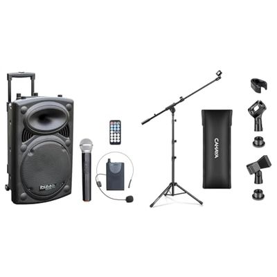 Ibiza - PORT12VHF-BT - Altavoz portátil 12"/700W MAX con 2 micrófonos (VHF), Mando a Distancia & CAHAYA Soporte de Micrófono con Brazo con Dos Pinzas para Microfonos Pie de Micrófono Plegable