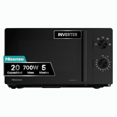 Hisense H20MOBP1HI - Microondas 20 Litros, 700W, Inverter Expert, Descongelación Rápida, Calentamiento Uniforme, Silencioso, Revestimiento Cerámico, Cristal Premium, Modo ECO, 5 Programas