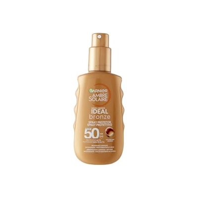 Garnier Solmjölk Spray SPF 50+, förhöjd och intensifierad solbränna, mot åldrande, vattentålig, med komplex liv-Melanin, Ambre Solaire, Ideal Bronze, 150 ml