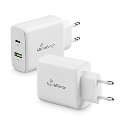 MediaRange 43 W USB-A en USB-C oplaadadapter met snellaadfunctie, USB-A en USB-C uitgang, compatibel met iPhone 13, 12, iPad Pro, AirPods Pro, Galaxy, S22, S21