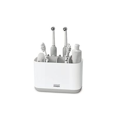 Joseph Joseph EasyStore- Hållare för tandborste, tandkräm och tandtråd, kompatibel med elektriska och traditionella tandborstar, 6 fack, avtagbar toalettbehållare - stor, grå/vit