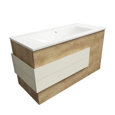 Atrios Modelo Leo Conjunto Baño Estilo Madera con 2 Cajones, Lavabo Porcelánico y Suspendido en Pared, Mueble MONTADO, Laminado Roble, 80 cm