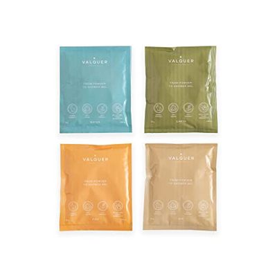 Valquer Shake - Confezione da 4 gel doccia resistenti. Ricarica gel corpo. Una bottiglia = infinito di gel. Zero sprechi. 25 grammi = 400 ml di gel - 4 bustine da 25 gr (1 di ogni tipo)
