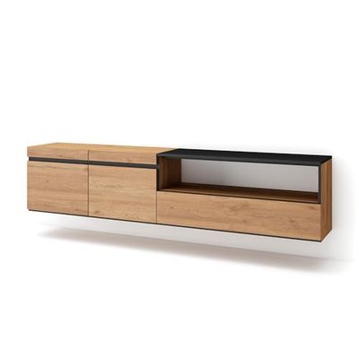 Skraut Home | TV-Meubel, Lowboard | Woonkamer, Eetkamer | 200x45x35cm | Voor tv's tot 80" | Hangend | Moderne stijl | Eiken/Zwart