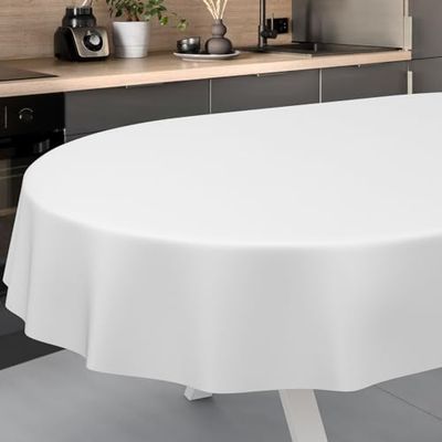 ANRO Nappe en Toile cirée, Lavable, pour Table de Jardin, extérieur, intérieur, Ovale, Bord coupé, Blanche, 180 x 140 cm