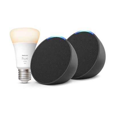 Echo Pop | Antracite, 2 pezzi + Philips Hue White Lampadina LED Smart (E27), compatibile con Alexa - Kit di base per Casa Intelligente