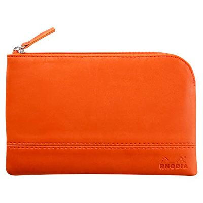 RHODIA 116546C - Pochette Zippée en Simili Cuir - Tangerine - Taille S (11 x 17 cm) - Coutures Véritables - Intérieur Tissu Orange - Rangement Documents, Petites Fournitures